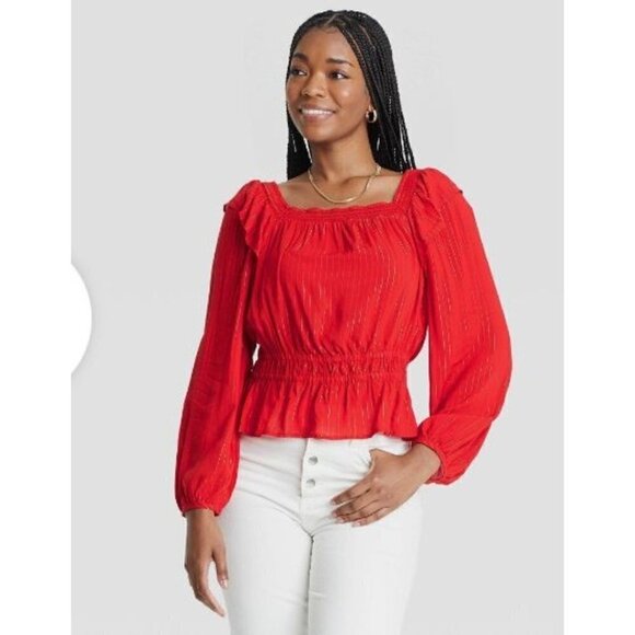 Universal Thread Red Balloon Sleeve Metallic Stripe Peplum Long Sleeve Blouse S - Picture 1 of 4